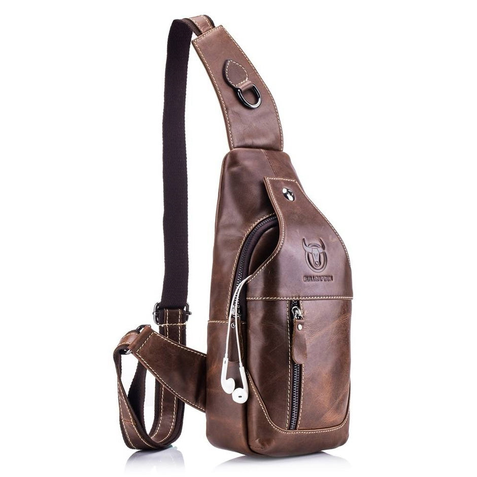 BULLCAPTAIN Men Sling Backpack Genuine Leather Shoulder Crossbody Chest Bag