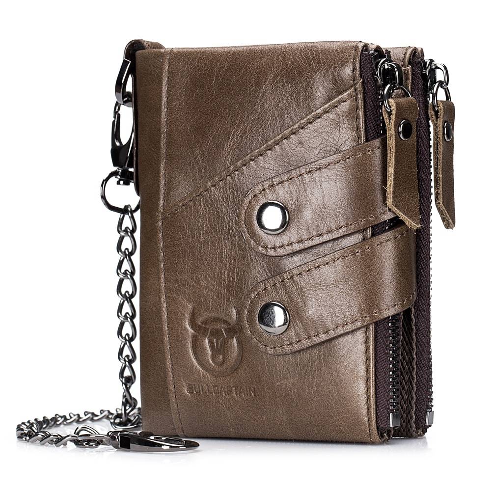 BULLCAPTAIN Men Leather Wallet RFID Blocking Bifold Wallet With Chain