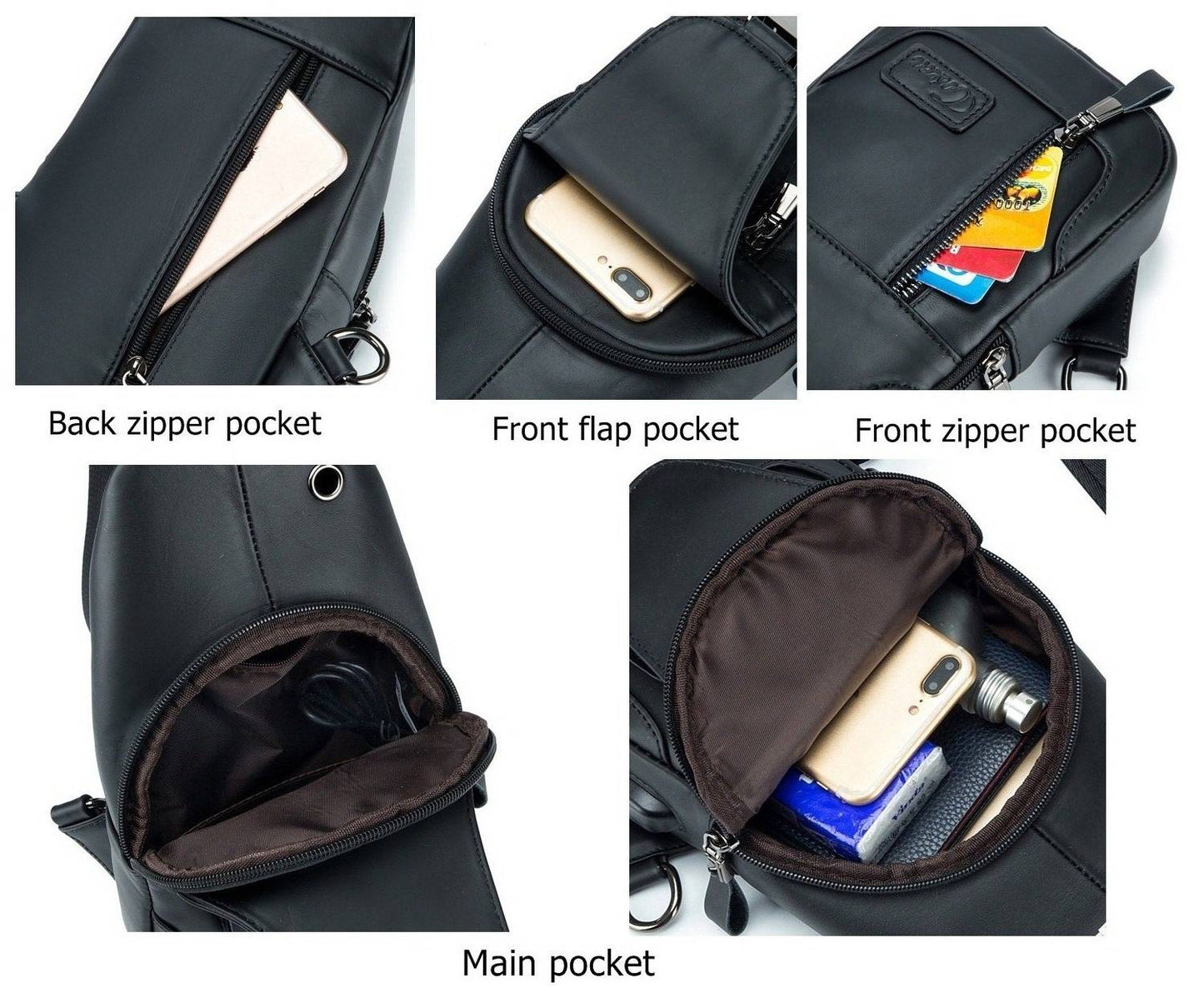 Leather Sling Bag Casual Mens Crossbody Chest Bag Travel Backpacks with USB Charging Port