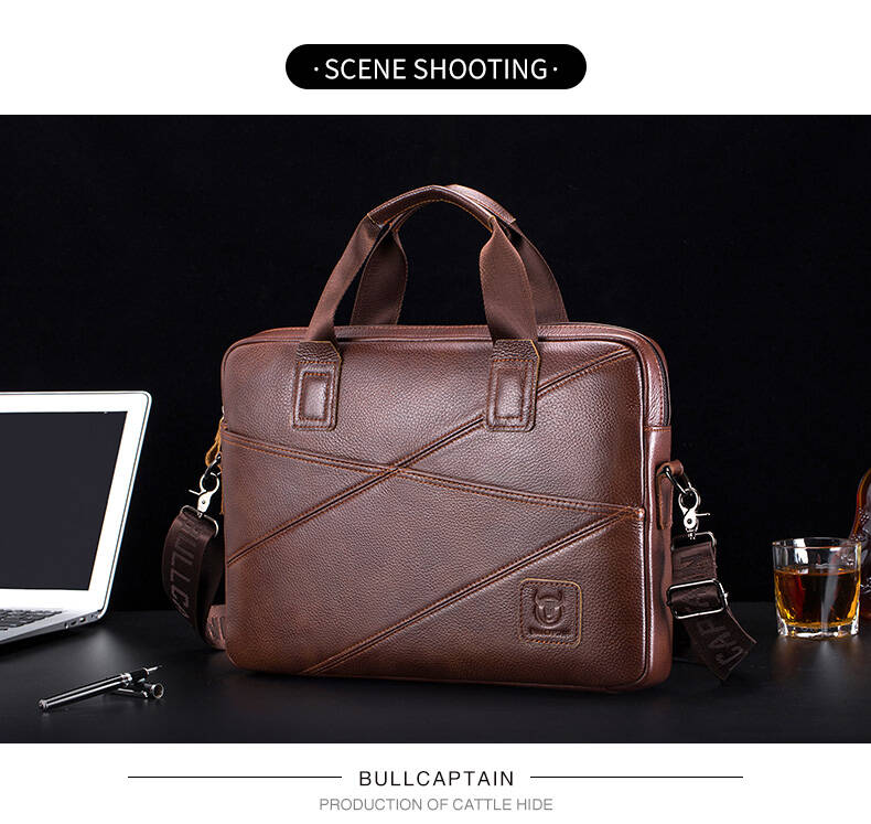 BULLCAPTAIN Men's Briefcase Bag Genuine Leather 14 inch Shoulder Laptop Bag