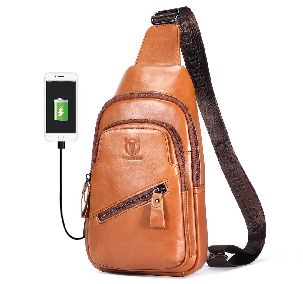 BULLCAPTAIN Vintage Leather Sling Chest Bag with USB Charge Port